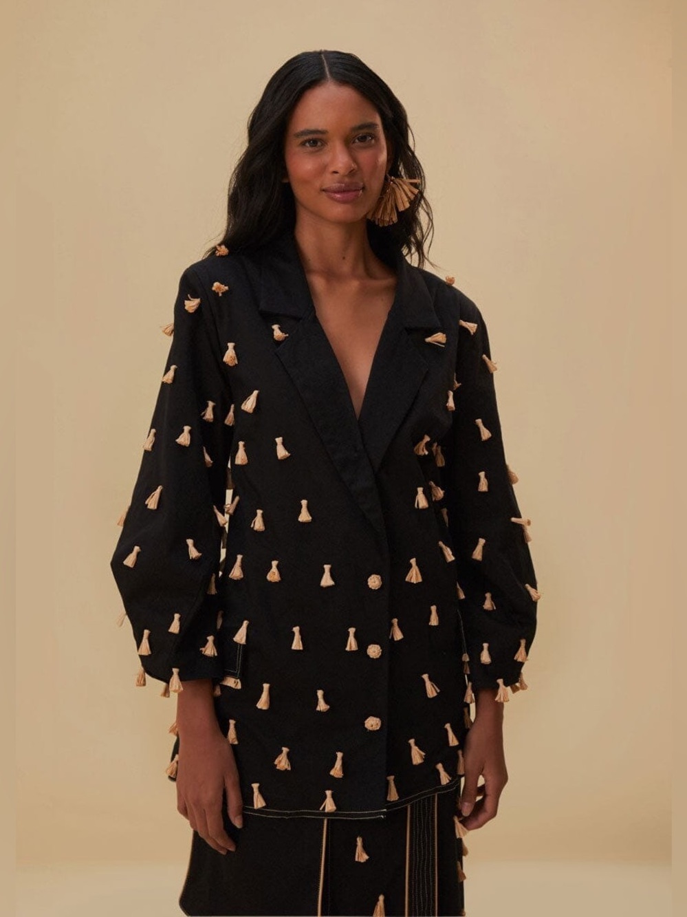 Farm Rio: Black Raffia Fringed Blazer - Picture 4 of 12